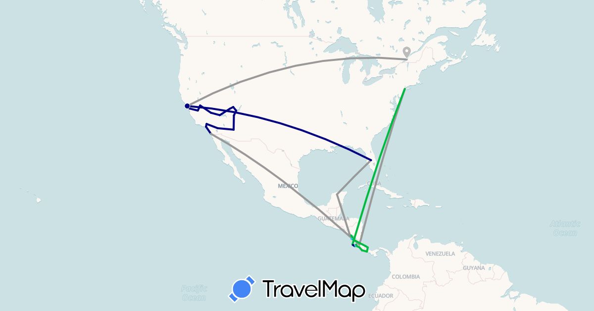 TravelMap itinerary: driving, bus, plane, boat in Canada, Costa Rica, Mexico, Nicaragua, Panama, United States (North America)